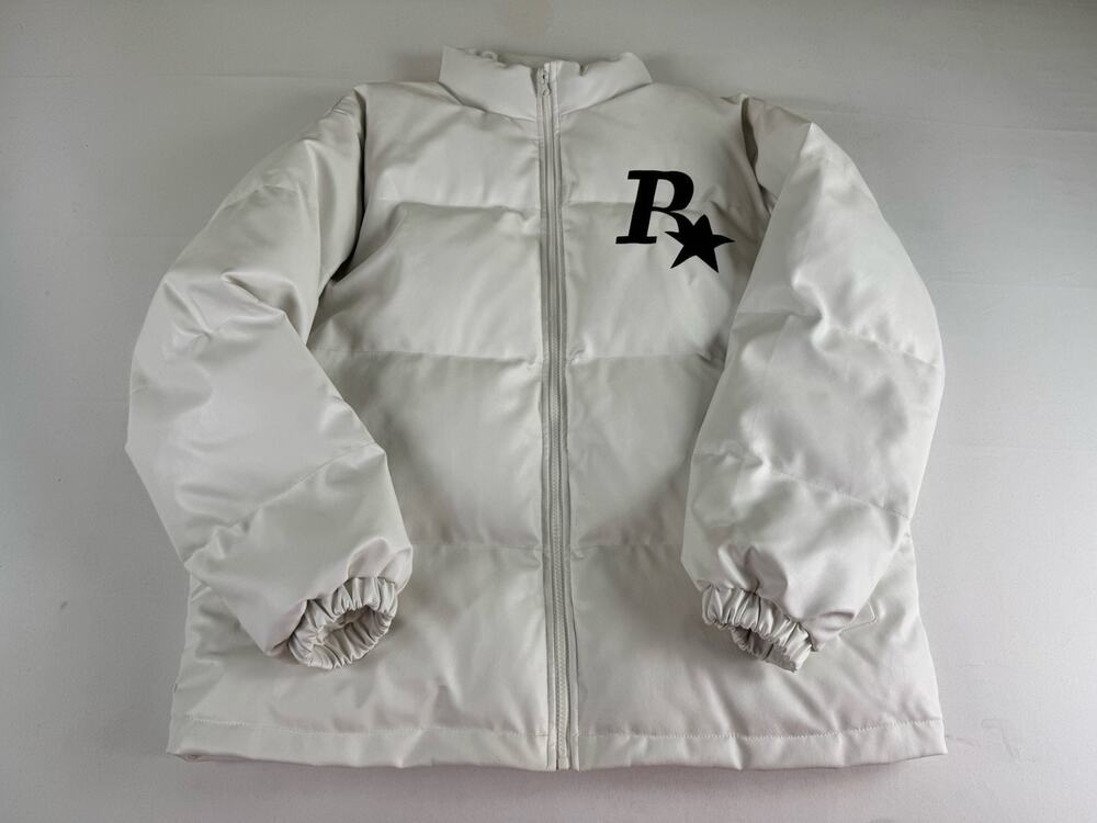 RASS Above the Dream White Faux Leather Bomber Jacket Black Star Logo Xl